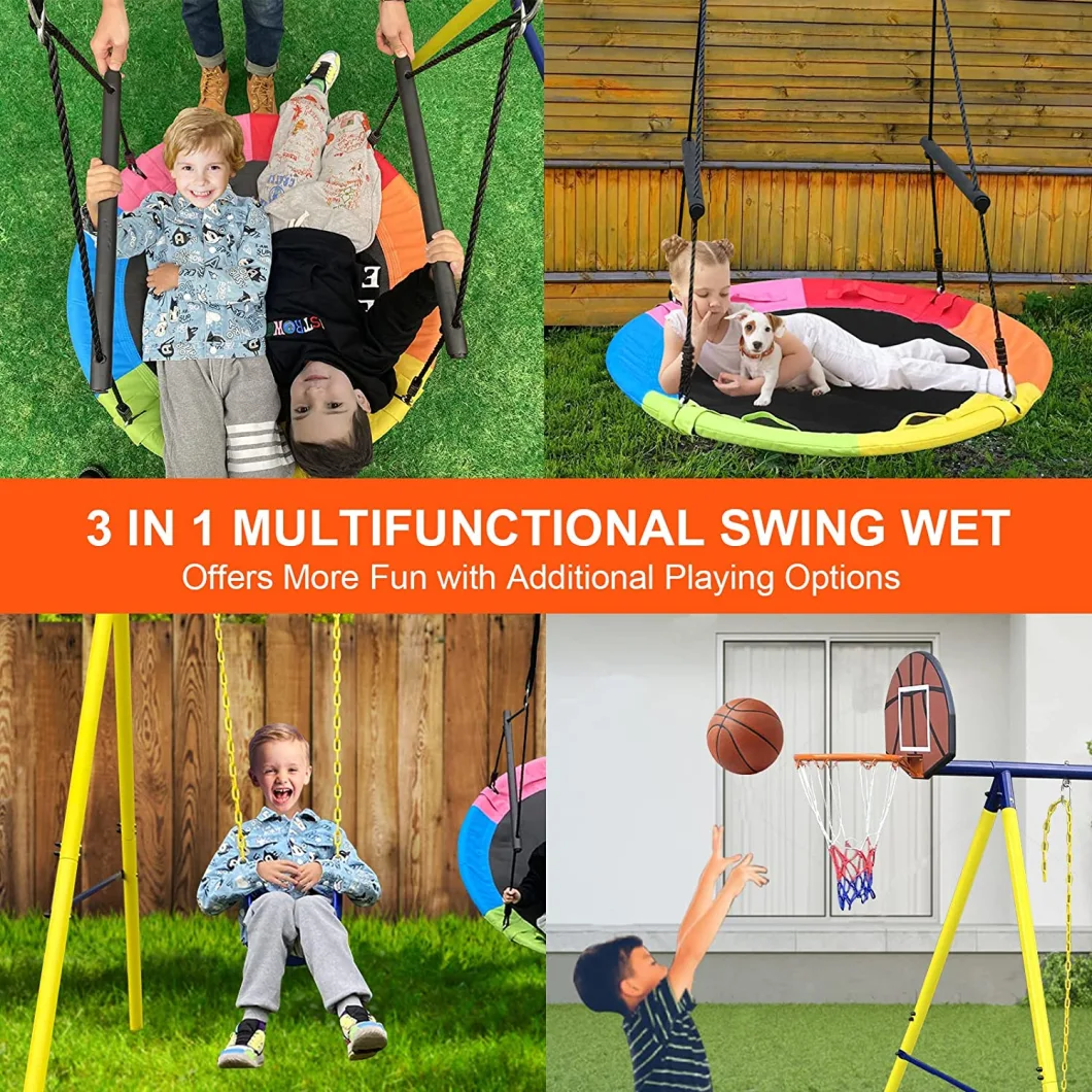 2023 Outdoor Metal Swing Set 3 Play Station with Basketball Hoop, 550 Lbs Function Kids Swing Saucer