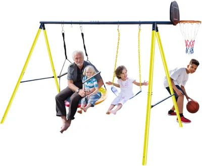 2023 Outdoor Metal Swing Set 3 Play Station avec panier de basket, 550 Lbs Function Kids Swing Saucer